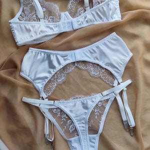 bridal lingerie, satin lingerie, snow white lingerie set, bridal underwear, 3 piece set, lingerie set with garter belt image 6