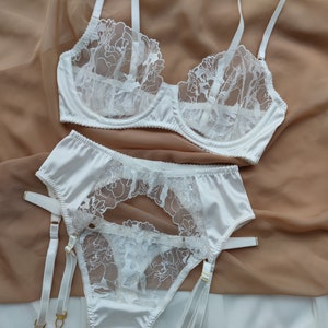 bridal lingerie, satin lingerie, milky white lingerie set, bridal underwear, 3 piece set, lingerie set with garter belt