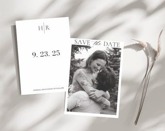 May include: Black and white save the date card with the text "SAVE the DATE" and the date "9.23.25". The card also features the initials "H|R" and a photo of a couple embracing.