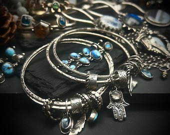 Bangle Bracelets with Gemstone Charms in Sterling Silver