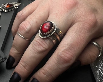 Garnet Ring with Stamped Sterling Silver & Gold Filled Band
