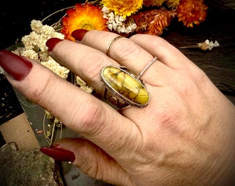 Green Turquoise and Silver Ring with  Gold Filled Accents.