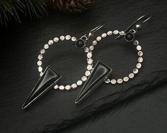Onyx and Silver Spear Hoop Earrings