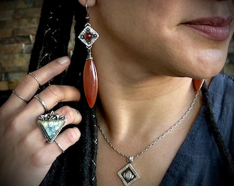 Carnelian Marquise and Silver Earrings