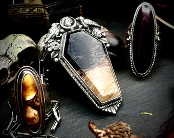 Petrified Palm Root Coffin Pendant and Brooch in Sterling Silver