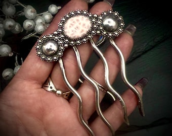 Rose Natrolite and Sterling Silver Hair Comb