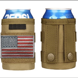 May include: A tan canvas can cooler with a velcro closure and an American flag patch. The cooler is designed to hold a standard 12-ounce can.