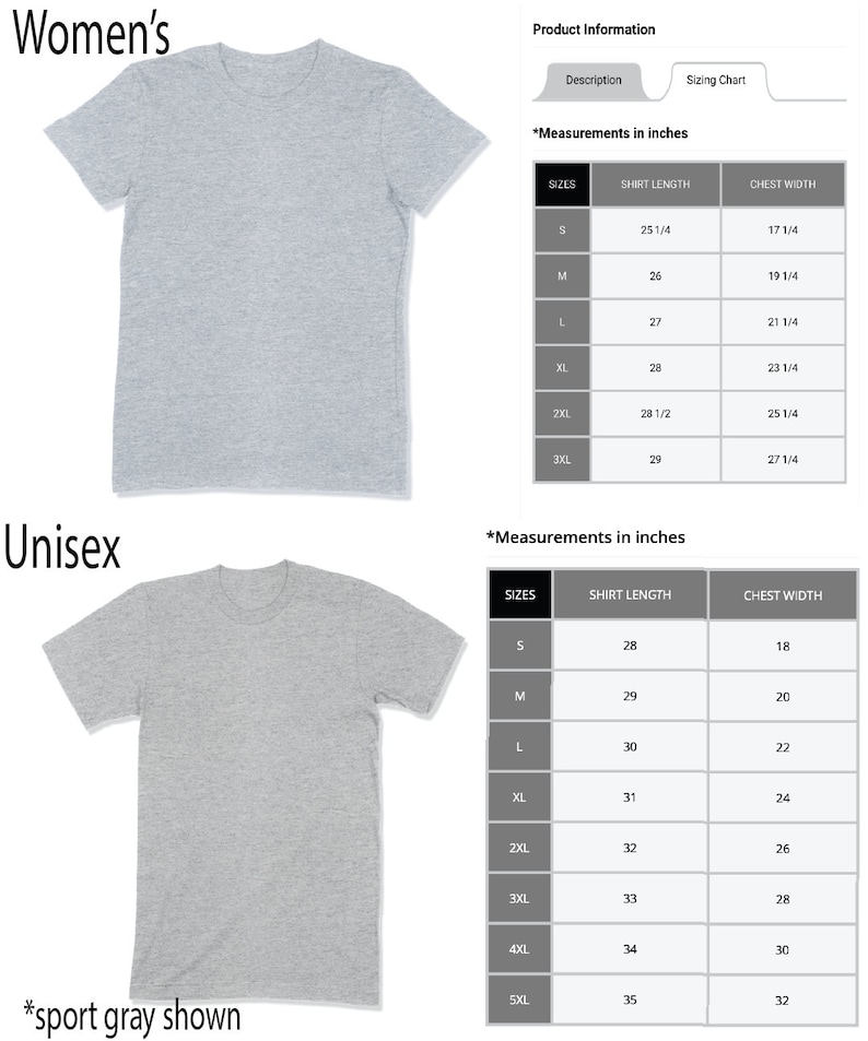 May include: A size chart for a t-shirt, showing measurements in inches for both women's and unisex sizes. The chart shows shirt length and chest width for each size.