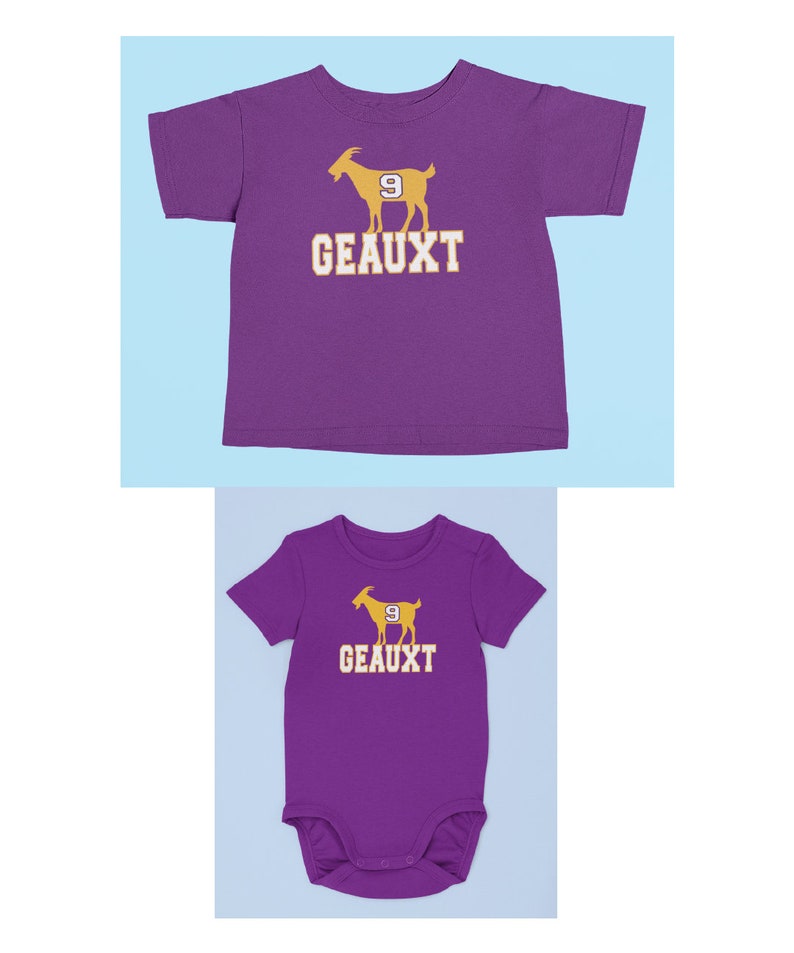 May include: Purple short-sleeved t-shirt and bodysuit with a gold silhouette of a goat with the number 9 on it and the text "GEAUX'T" underneath.