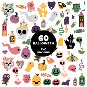 Peut inclure: Un ensemble de 60 images numériques clipart SVG, PNG et EPS sur le thème d'Halloween. Les images présentent une variété de personnages effrayants et mignons, notamment des fantômes, des citrouilles, des crânes et des sorcières. Les images sont parfaites pour créer des objets artisanaux, des décorations et des fournitures de fête sur le thème d'Halloween.