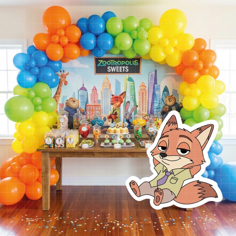 May include: A Zootopia-themed party setup with a wooden table laden with sweets, cupcakes, and candies. A colorful balloon arch frames a backdrop with city skyline and character illustrations. A cutout of Nick Wilde is in the foreground.