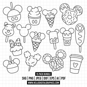 891 - Metas de bocadillos para ratones SVG, EPS, PNG - Clipart vectorial de metas de bocadillos para parques temáticos. Alimentos de un mundo mágico. Bocadillos de Disney dtf. Viajes a Disney dtf