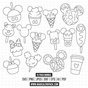 May include: A collection of fifteen black and white line art illustrations featuring various food items shaped like mouse ears, including ice cream, donuts, pretzels, and candy apples. The text 15 PACK BUNDLE SVG PNG JPEG DXF EPS AI PDF WWW.MAGICALSVGPACK.COM is included.