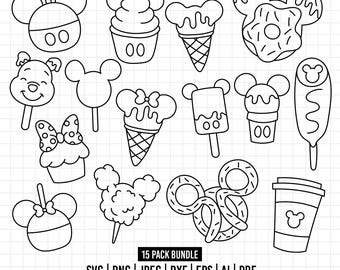 May include: A collection of fifteen black and white line art illustrations featuring various food items shaped like mouse ears, including ice cream, donuts, pretzels, and candy apples. The text 15 PACK BUNDLE SVG PNG JPEG DXF EPS AI PDF WWW.MAGICALSVGPACK.COM is included.