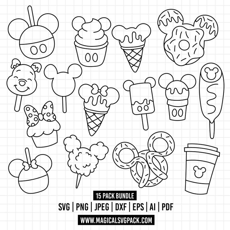 May include: A collection of fifteen black and white line art illustrations featuring various food items shaped like mouse ears, including ice cream, donuts, pretzels, and candy apples. The text 15 PACK BUNDLE SVG PNG JPEG DXF EPS AI PDF WWW.MAGICALSVGPACK.COM is included.