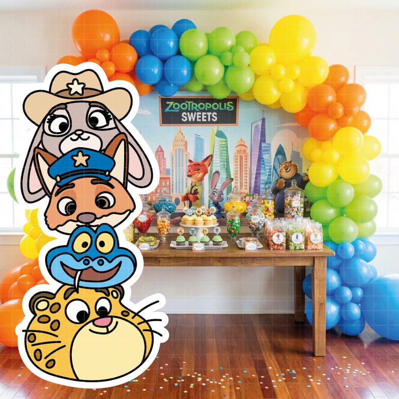May include: A Zootopia-themed party scene with colorful balloons and a table laden with sweets. Character cutouts of Judy Hopps, Nick Wilde, and others are in the foreground. The backdrop features a cityscape and the text "Zootropolis Sweets."
