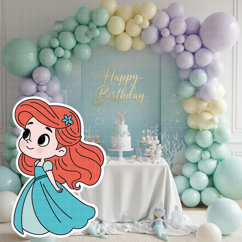 May include: A cartoon illustration of a mermaid in a blue dress with red hair and a blue flower. The background features a birthday party scene with a cake, balloons, and the words "Happy Birthday".