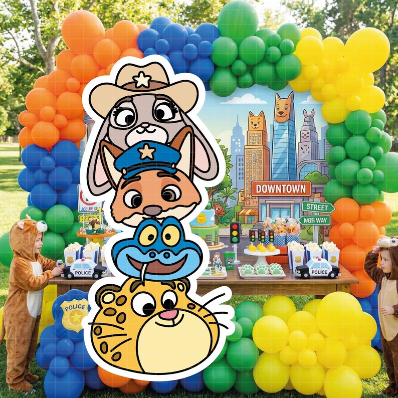 May include: A colorful party scene with balloon arches in orange, blue, green, and yellow. The backdrop features a cityscape with the word "Downtown." Cartoon animal characters are stacked on top of each other. Children in animal costumes are present.