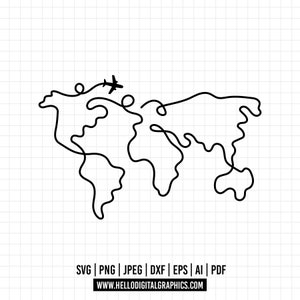 COD58 - Travel & World Map SVG (And different formats). Travel and World Map Doodle Clipart Vector.