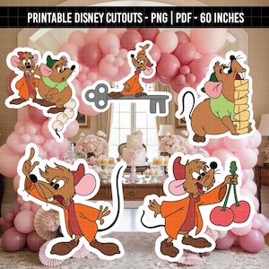 Op de afbeelding: Printbare Disney-uitknipstickers met cartoonmuizen in verschillende poses. De muizen zijn bruin met roze oren en dragen oranje en groene outfits. De tekst "PRINTABLE DISNEY CUTOUTS - PNG | PDF - 152 cm" staat bovenaan.