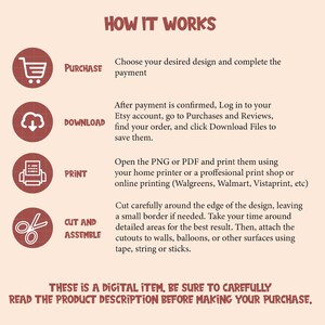 May include: A beige graphic with the text "HOW IT WORKS" at the top. The graphic details the steps to purchase, download, print, and assemble a digital item. Text at the bottom reads "THESE IS A DIGITAL ITEM. BE SURE TO CAREFULLY READ THE PRODUCT DESCRIPTION BEFORE MAKING YOUR PURCHASE."