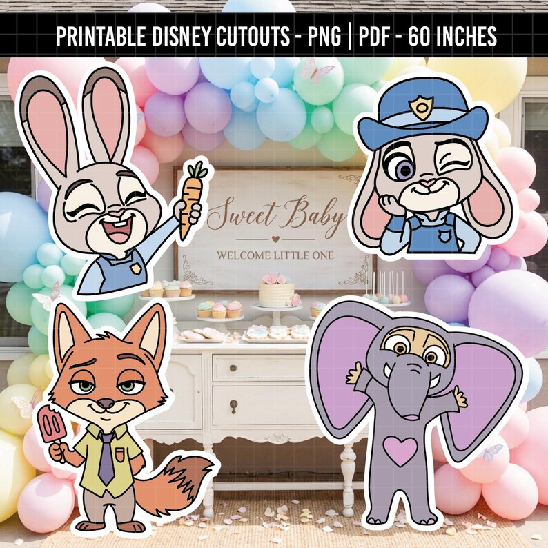 Puede incluir: Personajes recortables imprimibles de Disney de Zootopia, incluyendo a Judy Hopps, Nick Wilde y otros. Los personajes est&aacute;n ambientados sobre un fondo de globos pastel y un letrero que dice "Sweet Baby, Welcome Little One". El texto en la parte superior dice "Printable Disney Cutouts - PNG | PDF - 152 cm".