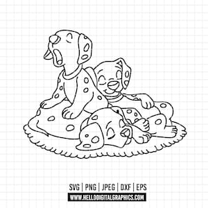 May include: Black and white line art illustration of three Dalmatian puppies. One puppy is yawning, another is resting, and the third is sleeping on a spotted pillow. The image includes file type information and a website address.