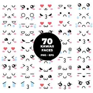 803 - Paquete de imágenes prediseñadas de caras kawaii en formato EPS y PNG. Imágenes prediseñadas de caras kawaii vectoriales. Mega paquete de imágenes prediseñadas de caras kawaii en formato PNG, EPS