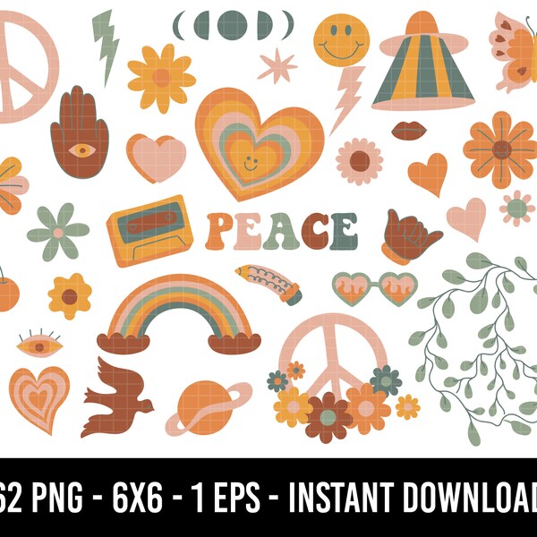 COD176-Retro Clipart/Boho Hippie Clipart  Clipart/Groovy cliparts/scrapbook cliparts/Instant Download/Commercial use/Erin Condren