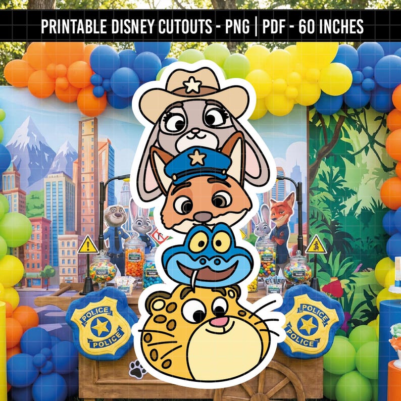 May include: A colorful party scene featuring Disney character cutouts. The image includes a bunny wearing a cowboy hat, a fox in a police hat, a blue frog, and a leopard. The background has balloons and a city scene.
