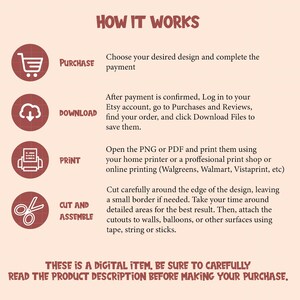 May include: A beige graphic with the text "HOW IT WORKS" at the top. The graphic details the steps to purchase, download, print, and assemble a digital item. The text at the bottom reads "THIS IS A DIGITAL ITEM. BE SURE TO CAREFULLY READ THE PRODUCT DESCRIPTION BEFORE MAKING YOUR PURCHASE."