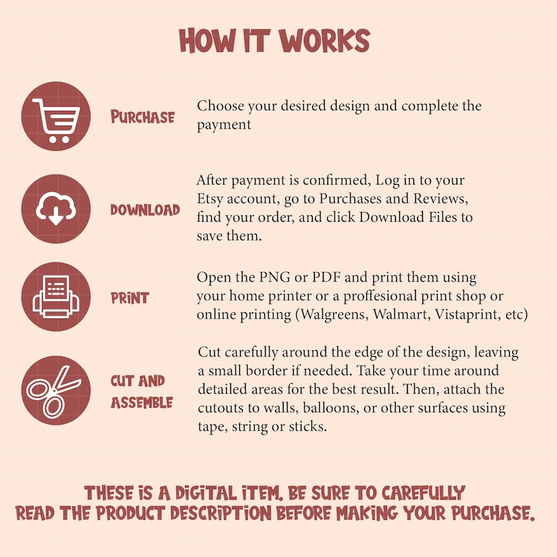 May include: A beige graphic with the text "HOW IT WORKS" at the top. The graphic details the steps to purchase, download, print, and assemble a digital item. The text at the bottom reads "THIS IS A DIGITAL ITEM. BE SURE TO CAREFULLY READ THE PRODUCT DESCRIPTION BEFORE MAKING YOUR PURCHASE."
