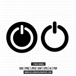 May include: Two black power button icons, one solid and one outlined, on a white background. Below the icons is the text "2 PACK BUNDLE" and file type options: SVG, PNG, JPEG, DXF, EPS, AI, and PDF. The website address is also included.