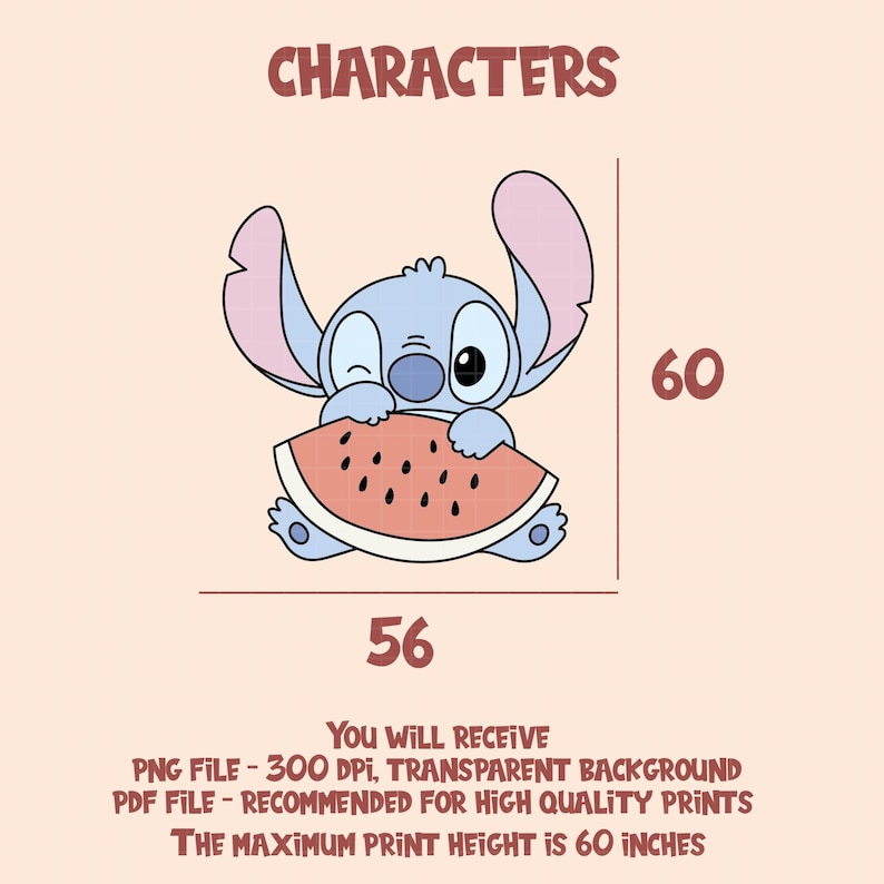 Może przedstawiać: Kresk&oacute;wkowa ilustracja Stitcha, niebieskiego kosmity, mrugającego i trzymającego kawałek arbuza. Obraz zawiera tekst "CHARACTERS" oraz wymiary 142 cm szerokości i 152 cm wysokości. Dodatkowy tekst z informacjami o pliku.