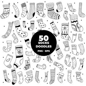 867 - Kerstsokken Clipartpakketbundel (EPS- en PNG-indeling). Kerstsokken doodle Clipart Vector. kousen voor iconen van de kerstman.