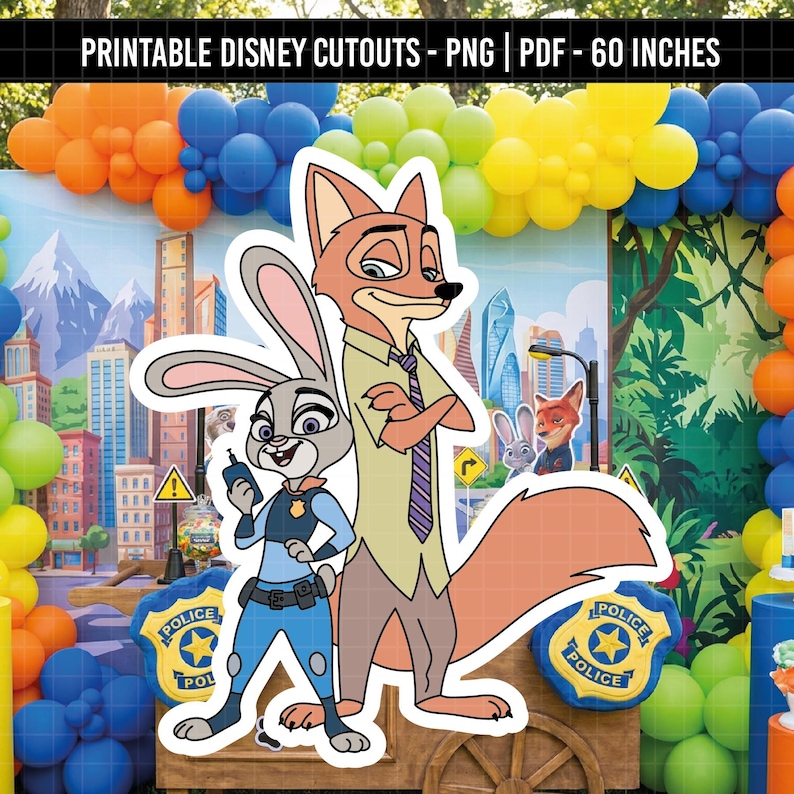 Puede incluir: Recortes imprimibles de Disney con Judy Hopps y Nick Wilde de Zootopia. Judy lleva un uniforme de polic&iacute;a y sostiene una radio. Nick lleva camisa y corbata. El fondo incluye un paisaje urbano y globos. El texto dice: "RECORTES IMPRIMIBLES DE DISNEY - PNG | PDF - 152 cm."