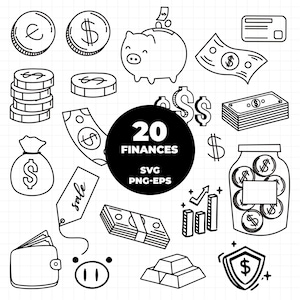 1474 - Vettori di icone Doodle di denaro, affari e finanza. Monete e banconote SVG, EPS, PNG - Idea Money Doodle Icons Clipart Vector.
