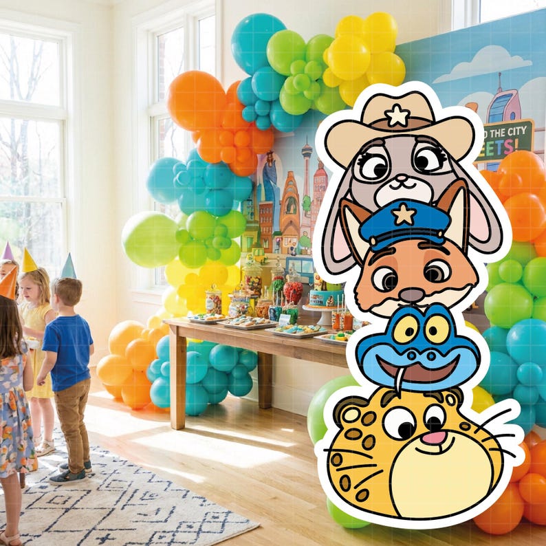 May include: A children's birthday party scene with colorful balloons in orange, blue, yellow, and green. A table is set with treats, and cartoon animal characters are featured. Children are wearing party hats.
