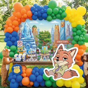 May include: A colorful party scene with a city backdrop, balloons, and a table with treats. A cartoon fox character is featured. Children in animal costumes are present. The scene includes a cake, police car, and city-themed decorations.