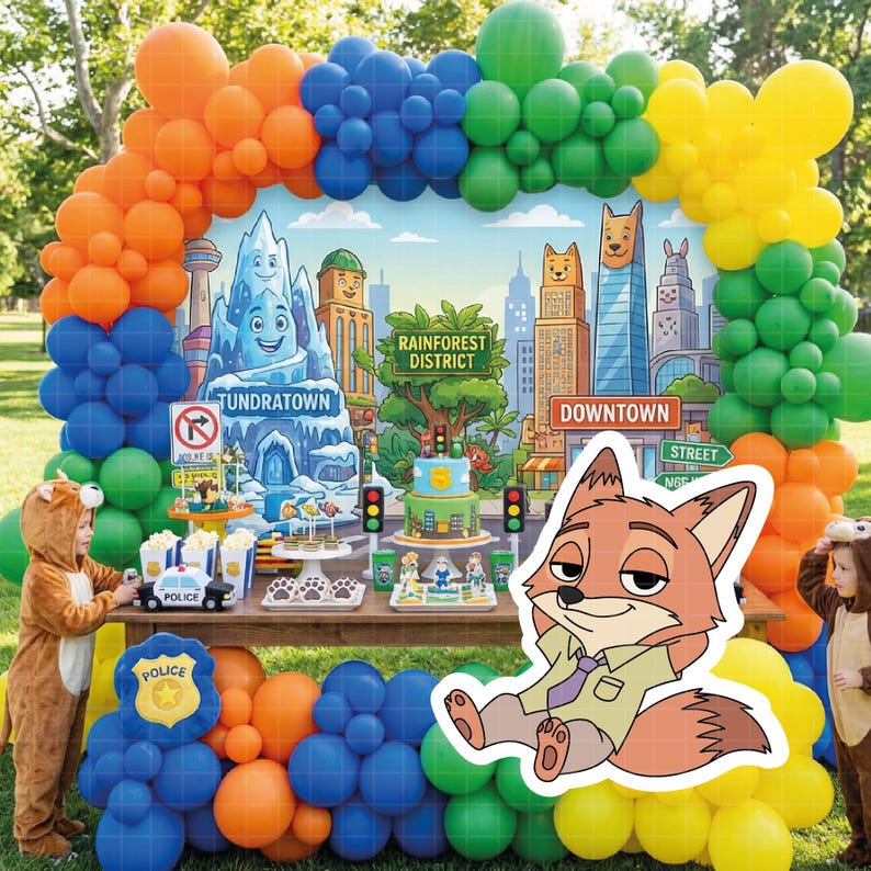 May include: A colorful party scene with a city backdrop, balloons, and a table with treats. A cartoon fox character is featured. Children in animal costumes are present. The scene includes a cake, police car, and city-themed decorations.