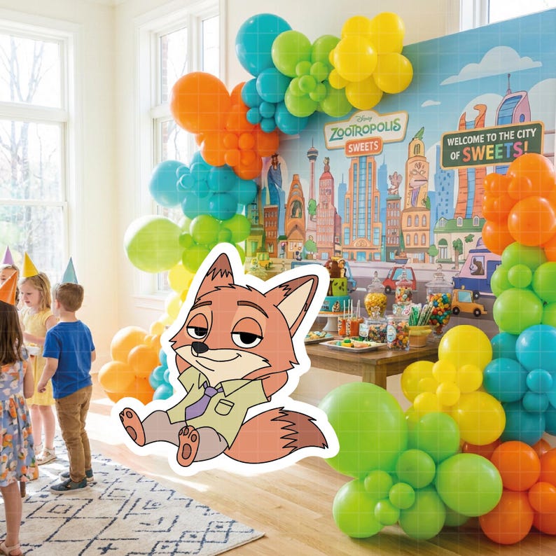 May include: A party scene with colorful balloons in orange, yellow, blue, and green. A cartoon fox character from Zootopia is featured. A backdrop reads "Zootropolis Sweets" and "Welcome to the City of Sweets!"