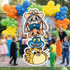 May include: A colorful outdoor party scene with a balloon arch in rainbow colors. A stack of cartoon animal faces is in the foreground. Children are playing and a table is set with candy and popcorn.