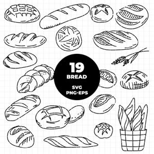 2582 - Pacote de doodle de pão SVG, PNG, EPs - Pão dtf clipart vector. Pão contorno dtf. Pão, baguete dtf. pão de fermento svg dtf