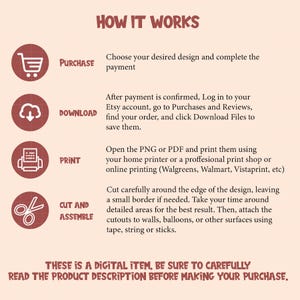 Puede incluir: Un gr&aacute;fico beige que explica c&oacute;mo comprar, descargar, imprimir y ensamblar un art&iacute;culo digital. El texto "C&Oacute;MO FUNCIONA" est&aacute; en la parte superior. El gr&aacute;fico incluye instrucciones e iconos. El texto inferior dice: "ESTE ES UN ART&Iacute;CULO DIGITAL. ASEG&Uacute;RESE DE LEER ATENTAMENTE LA DESCRIPCI&Oacute;N DEL PRODUCTO".