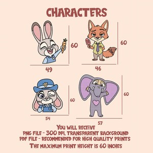 Puede incluir: Impresi&oacute;n digital con cuatro personajes de la pel&iacute;cula Zootopia: un conejo, un zorro, un conejo polic&iacute;a y un elefante. El texto "CHARACTERS" est&aacute; en la parte superior. La altura m&aacute;xima de impresi&oacute;n es de 152 cm.