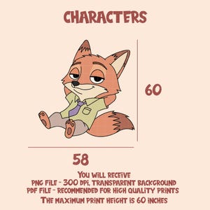 May include: A cartoon illustration of a fox character, with the word "CHARACTERS" above. The fox is orange and white, wearing a green shirt and purple tie. The image is 58 inches wide and 60 inches tall. Text at the bottom details file types and print height.