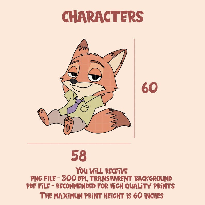 May include: A cartoon illustration of a fox character, with the word "CHARACTERS" above. The fox is orange and white, wearing a green shirt and purple tie. The image is 58 inches wide and 60 inches tall. Text at the bottom details file types and print height.