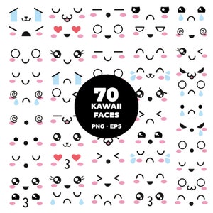 802 - Kawaii-gezichtenpakketbundel clipart-, eps- en png-indeling. Kawaii gezichten Clipart Vector. Megapack-bundel met Kawaii-gezichten in kleur