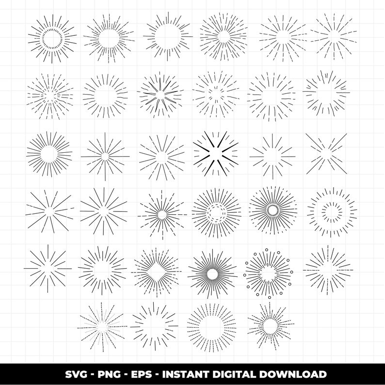 May include: A set of 36 black and white sunburst illustrations. The sunbursts are various sizes and styles, with some having a circle in the center and others having a starburst shape.