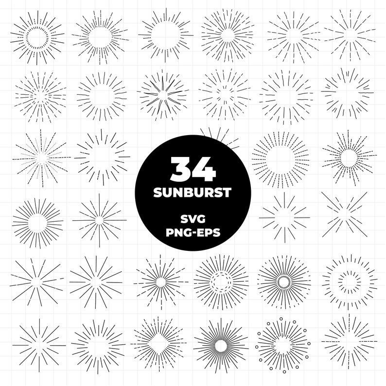 May include: A set of 34 black and white sunburst illustrations. The illustrations are in a variety of styles, with some having a more simple design and others having a more intricate design. The illustrations are perfect for adding a touch of vintage style to your designs.